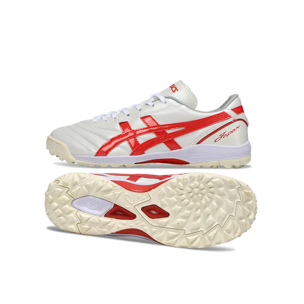Chuteira Society Asics Japan TF Branca e Vermelha