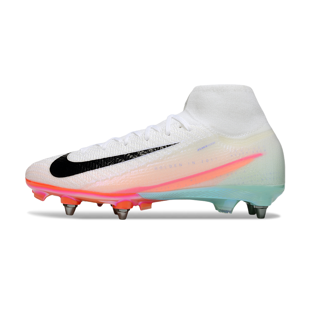 Chuteira Campo Nike Air Zoom Mercurial Superfly 10 Elite Trava Mista Branco, Rosa e Azul
