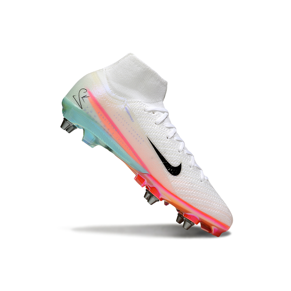Chuteira Campo Nike Air Zoom Mercurial Superfly 10 Elite Trava Mista Branco, Rosa e Azul
