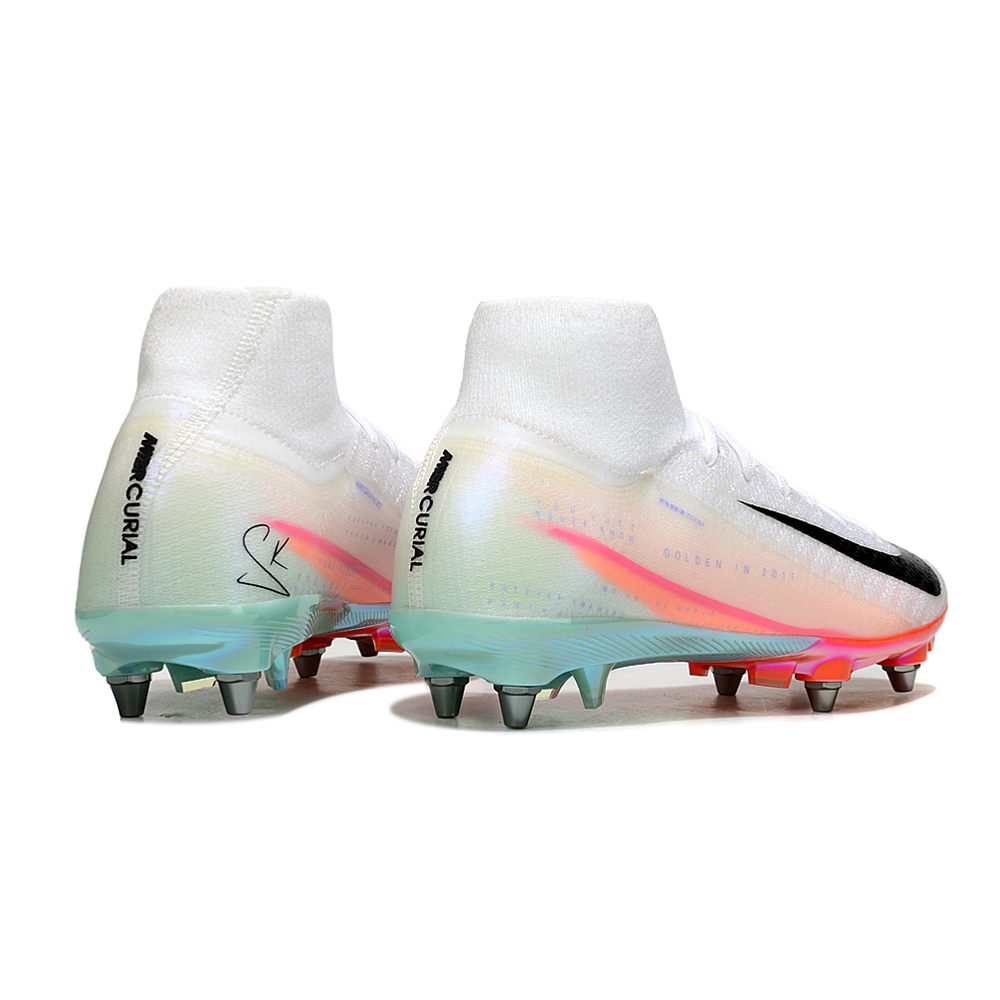 Chuteira Campo Nike Air Zoom Mercurial Superfly 10 Elite Trava Mista Branco, Rosa e Azul