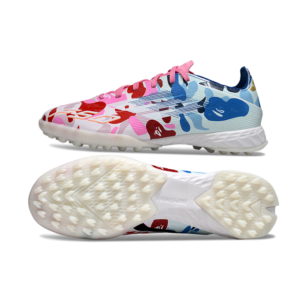 Chuteira Society Adidas F50 TF Branca, Rosa e Azul "BAPE"