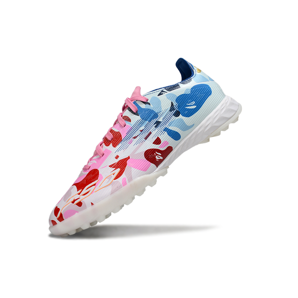 Chuteira Society Adidas F50 TF Branca, Rosa e Azul "BAPE"