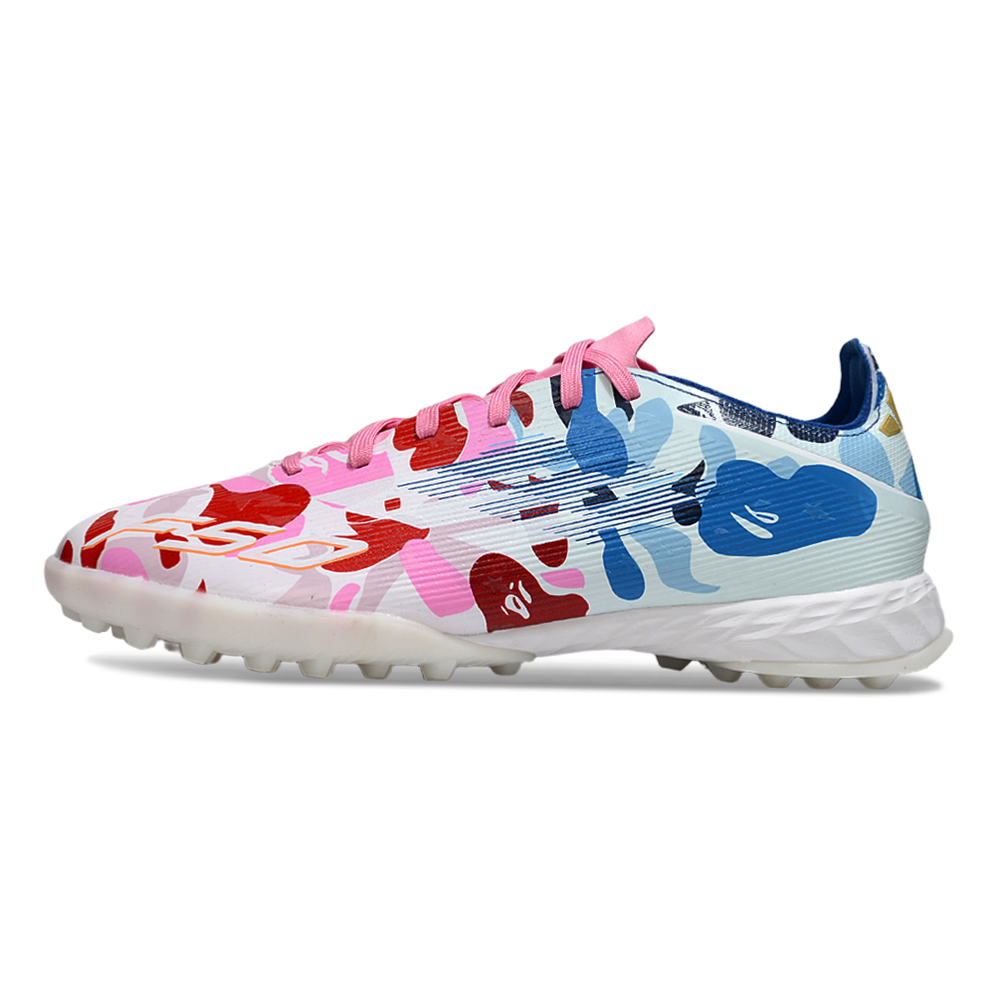 Chuteira Society Adidas F50 TF Branca, Rosa e Azul "BAPE"