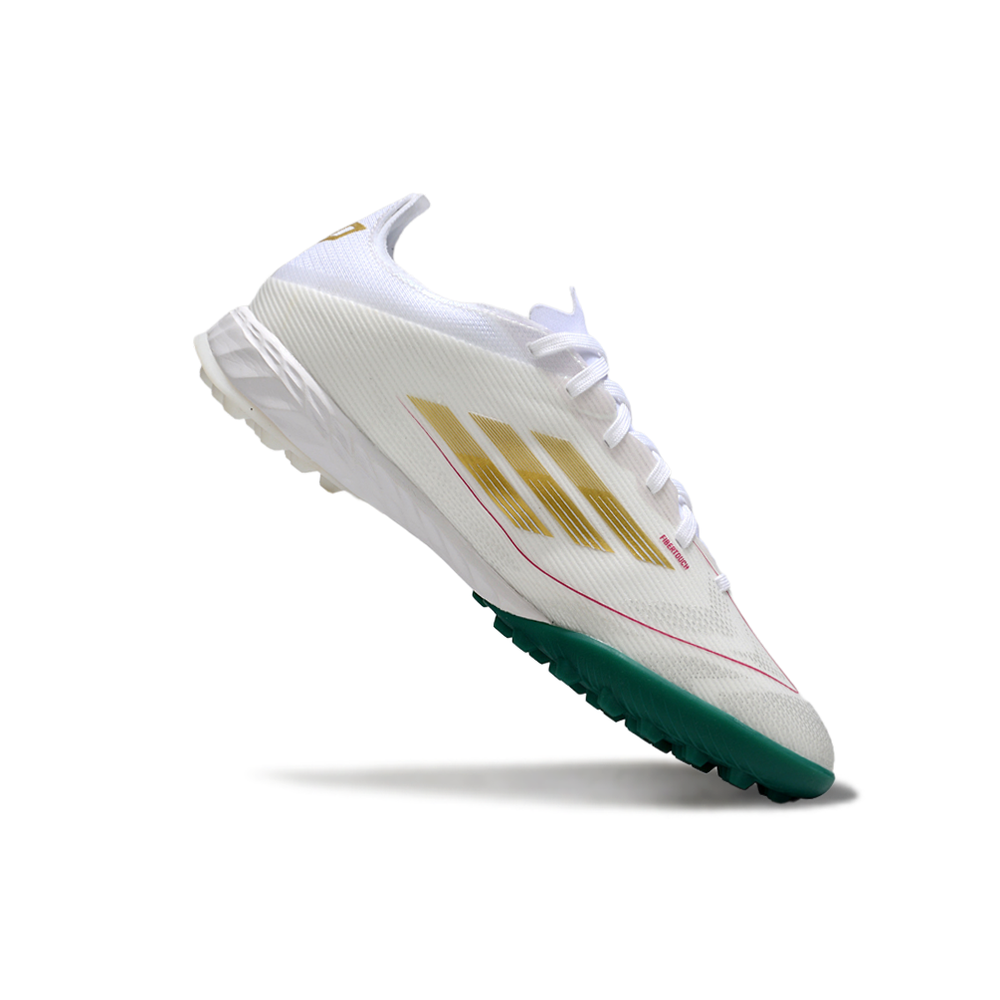 Chuteira Society Adidas F50 TF Branca, Verde e Dourado