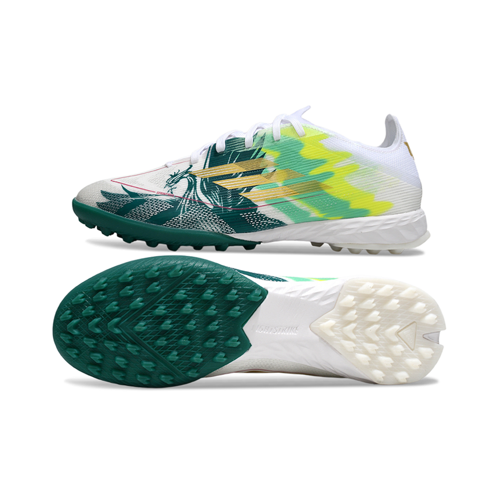 Chuteira Society Adidas F50 TF Branca, Verde e Dourado