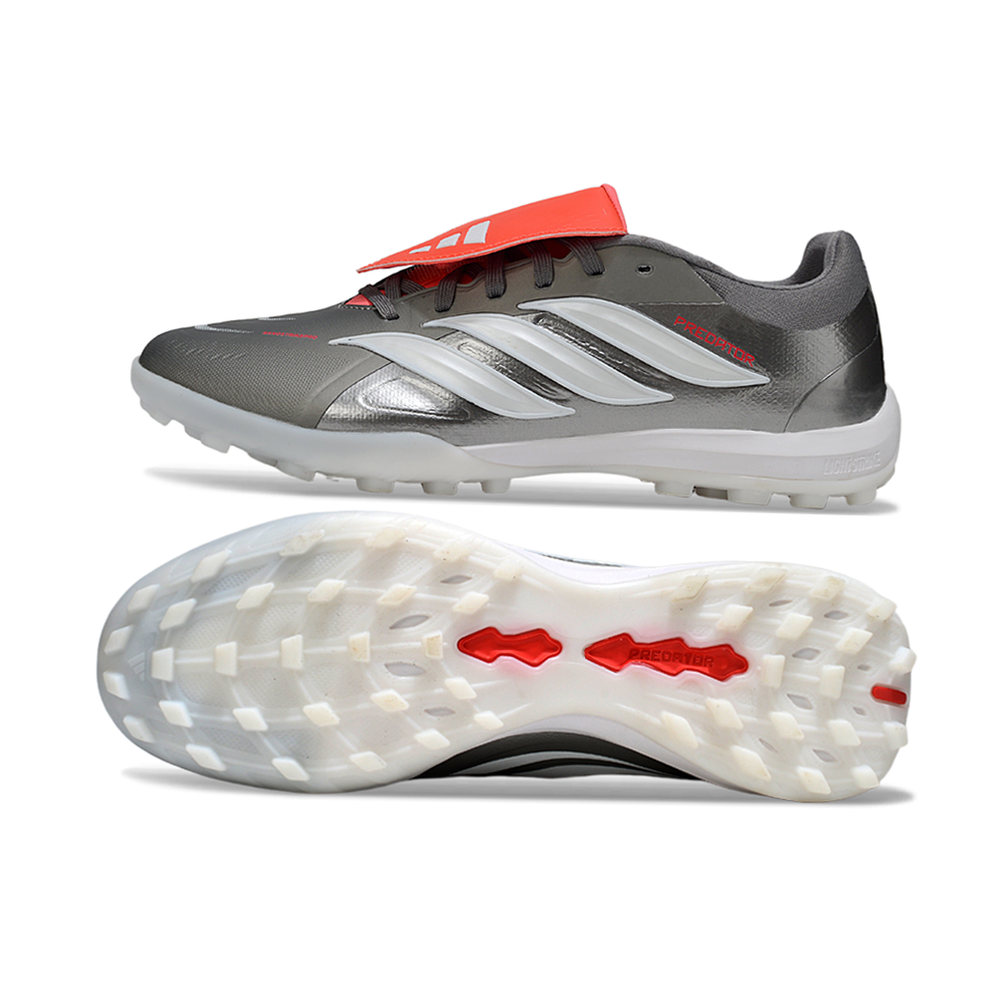 Chuteira Society Adidas Predator Tounge Elite 26 TF Prata, Branca e Vermelha