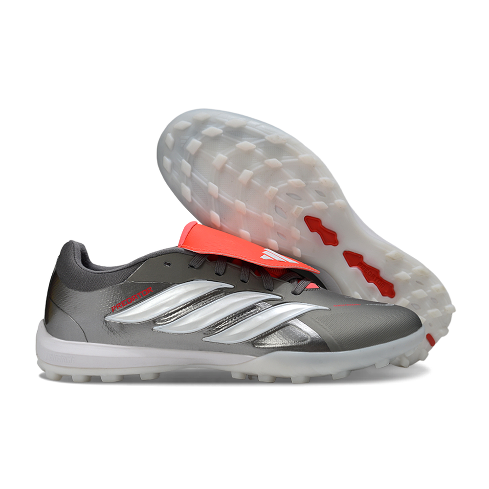 Chuteira Society Adidas Predator Tounge Elite 26 TF Prata, Branca e Vermelha