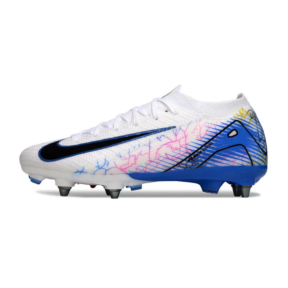 Chuteira Campo Nike Air Zoom Mercurial Vapor 16 Elite Trava Mista Branco, Azul e Rosa