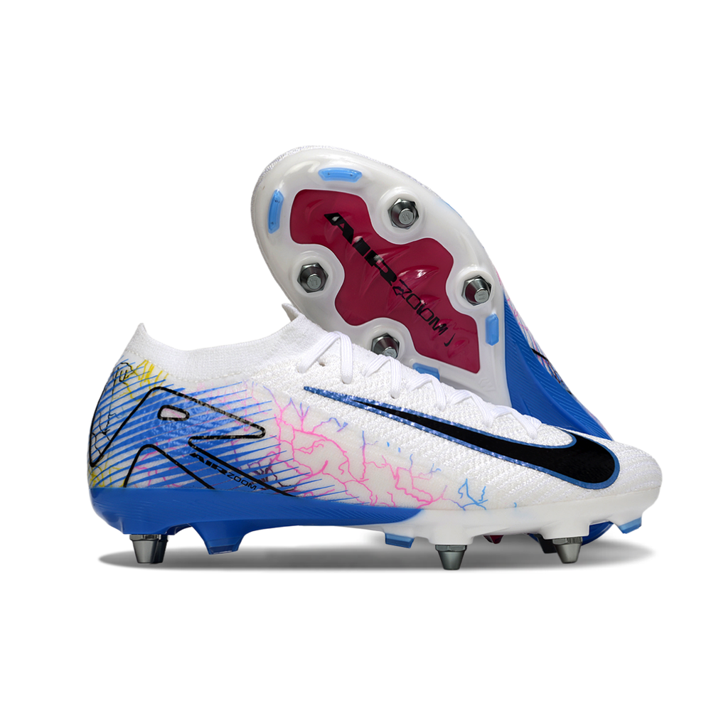 Chuteira Campo Nike Air Zoom Mercurial Vapor 16 Elite Trava Mista Branco, Azul e Rosa