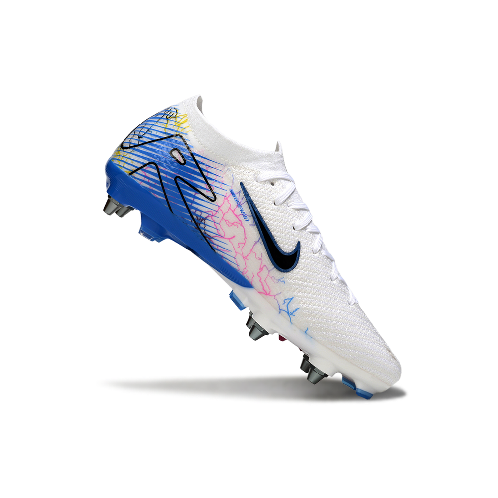 Chuteira Campo Nike Air Zoom Mercurial Vapor 16 Elite Trava Mista Branco, Azul e Rosa