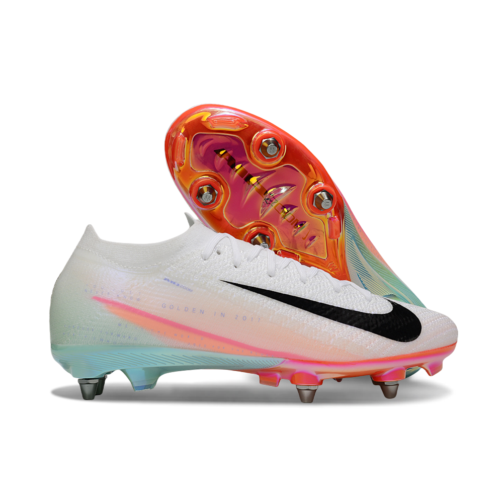 Chuteira Campo Nike Air Zoom Mercurial Vapor 16 Elite Trava Mista Branco, Azul, Rosa e Laranja 