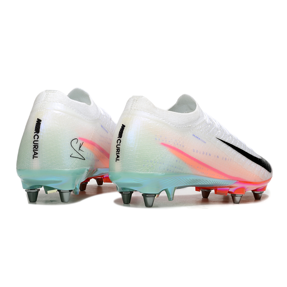 Chuteira Campo Nike Air Zoom Mercurial Vapor 16 Elite Trava Mista Branco, Azul, Rosa e Laranja 