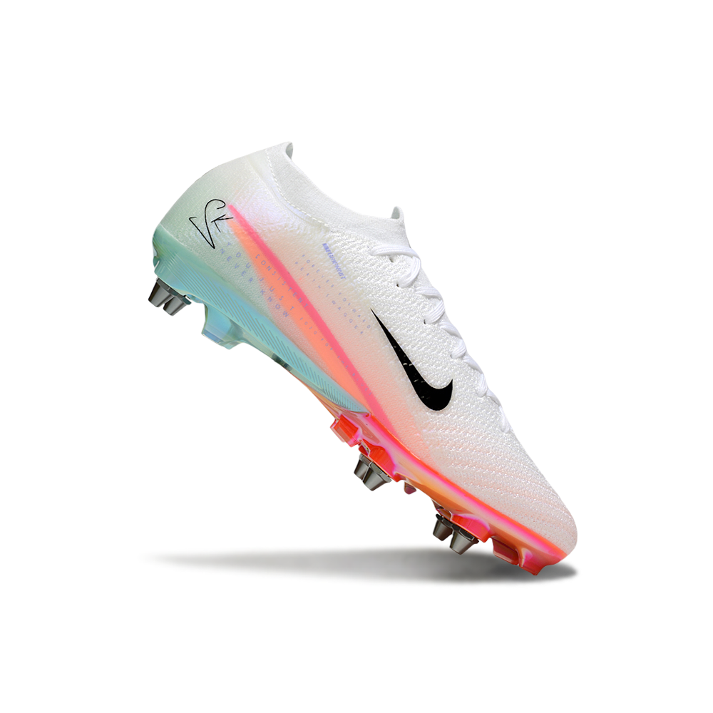 Chuteira Campo Nike Air Zoom Mercurial Vapor 16 Elite Trava Mista Branco, Azul, Rosa e Laranja 
