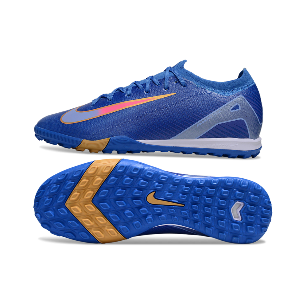 Chuteira Society Nike Air Zoom Mercurial Vapor 16 Elite TF Azul, Rosa e Dourado
