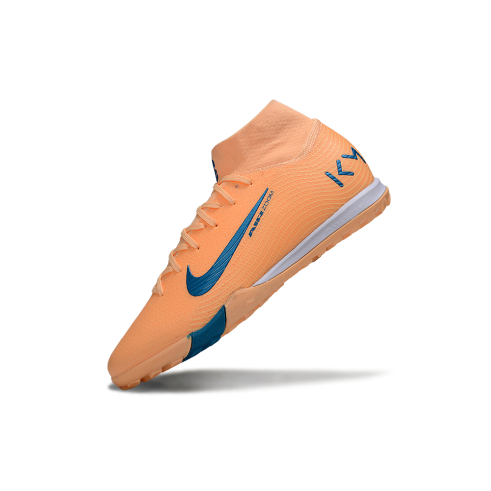 Chuteira Society Nike Air Zoom Mercurial Superfly 10 Elite TF Laranja e Azul "Mbappe"