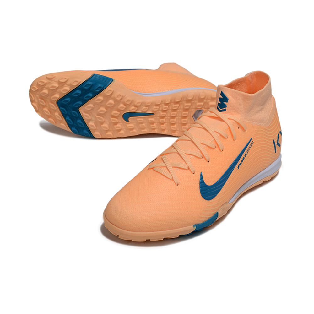 Chuteira Society Nike Air Zoom Mercurial Superfly 10 Elite TF Laranja e Azul "Mbappe"