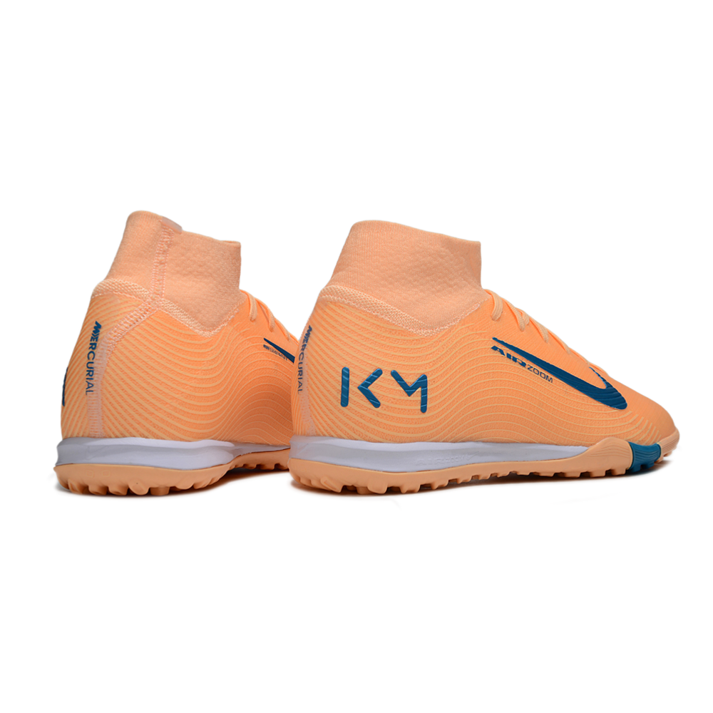 Chuteira Society Nike Air Zoom Mercurial Superfly 10 Elite TF Laranja e Azul "Mbappe"