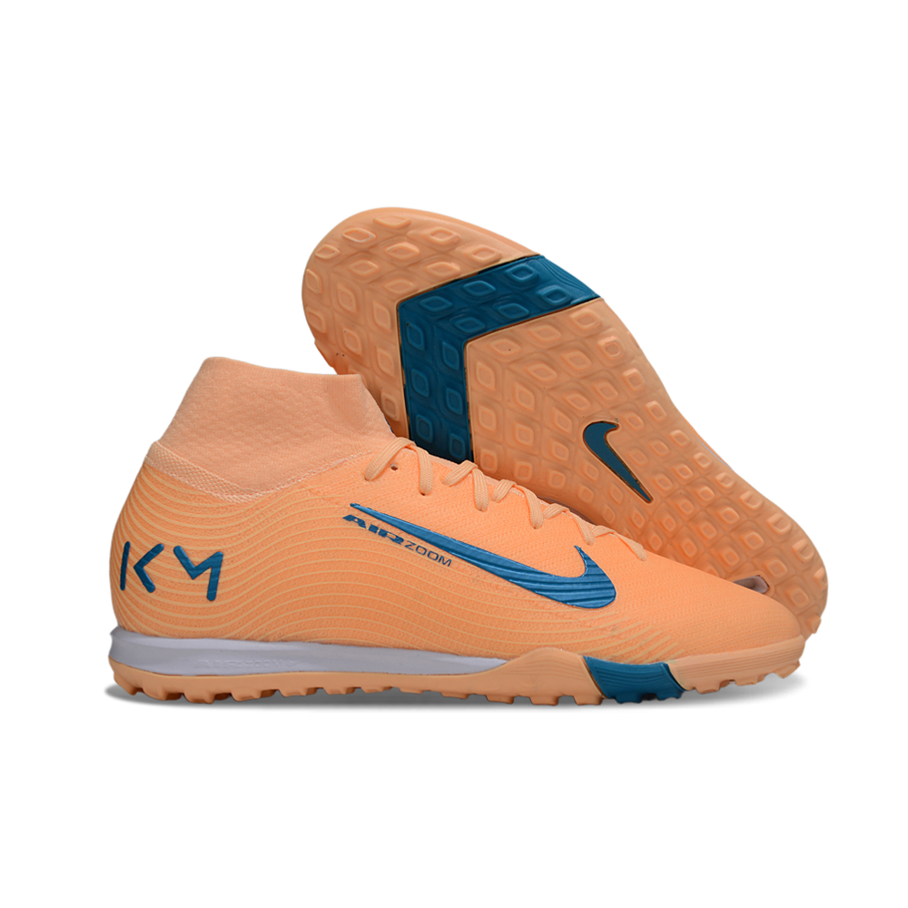 Chuteira Society Nike Air Zoom Mercurial Superfly 10 Elite TF Laranja e Azul "Mbappe"