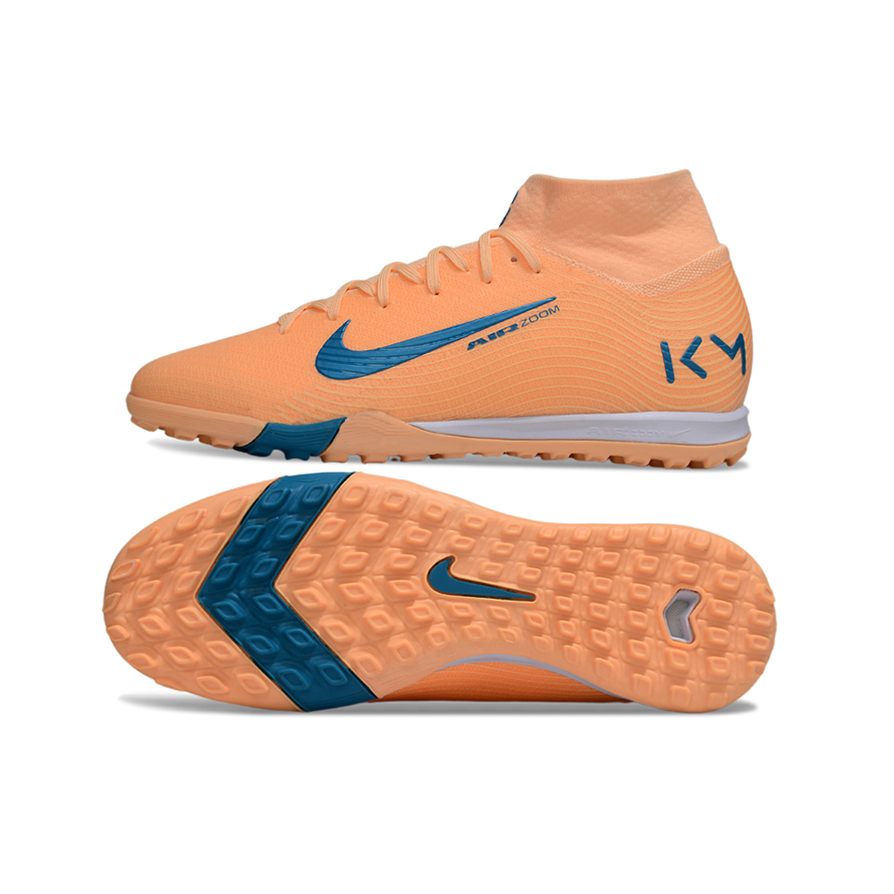 Chuteira Society Nike Air Zoom Mercurial Superfly 10 Elite TF Laranja e Azul "Mbappe"