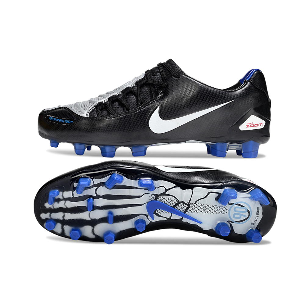 Chuteira Campo Nike Total 90 Laser FG Preta, Branca e Azul 