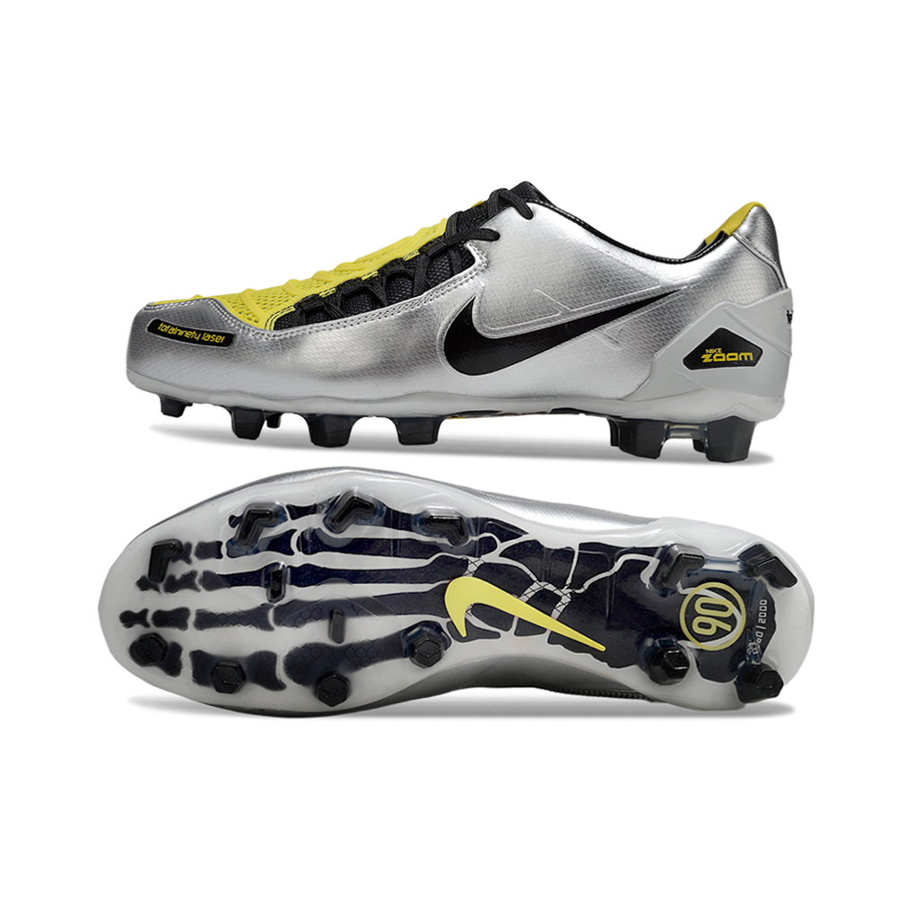 Chuteira Campo Nike Total 90 Laser FG Prata, Preto e Amarelo
