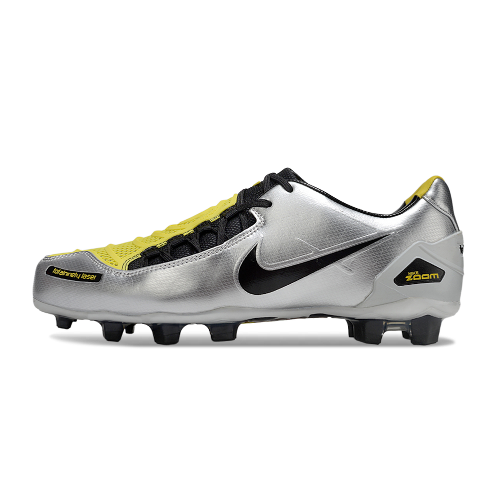 Chuteira Campo Nike Total 90 Laser FG Prata, Preto e Amarelo