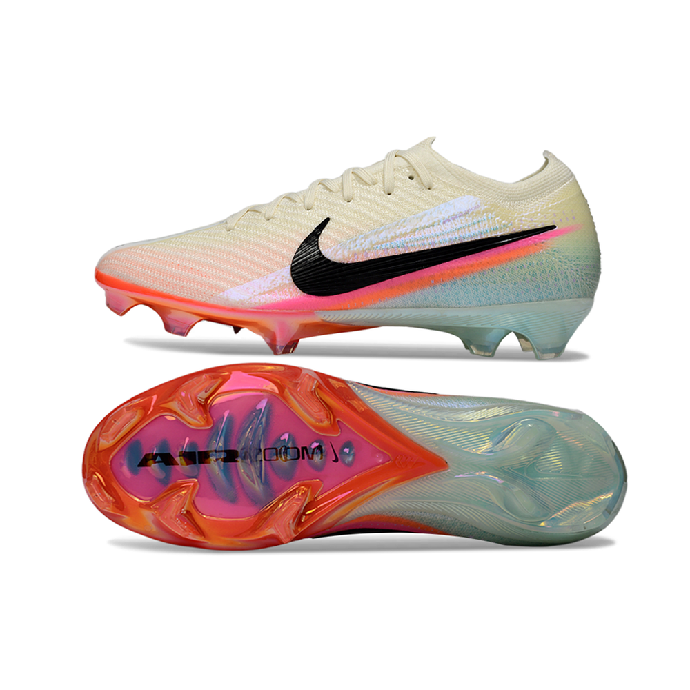 Chuteira Infantil Campo Nike Air Zoom Mercurial Vapor 16 Elite FG Bege, Azul, Laranja e Rosa
