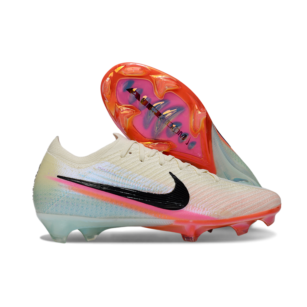Chuteira Infantil Campo Nike Air Zoom Mercurial Vapor 16 Elite FG Bege, Azul, Laranja e Rosa