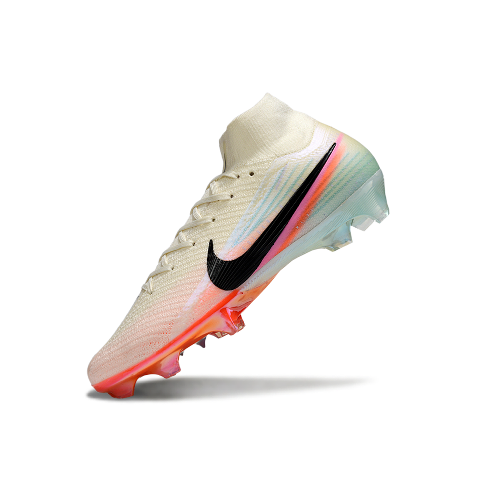 Chuteira Infantil Campo Nike Air Zoom Mercurial Superfly 10 Elite FG Bege, Azul, Laranja e Rosa
