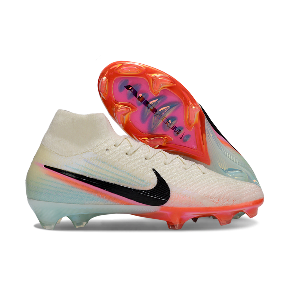 Chuteira Infantil Campo Nike Air Zoom Mercurial Superfly 10 Elite FG Bege, Azul, Laranja e Rosa