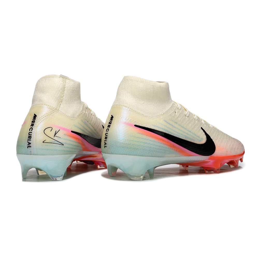 Chuteira Infantil Campo Nike Air Zoom Mercurial Superfly 10 Elite FG Bege, Azul, Laranja e Rosa