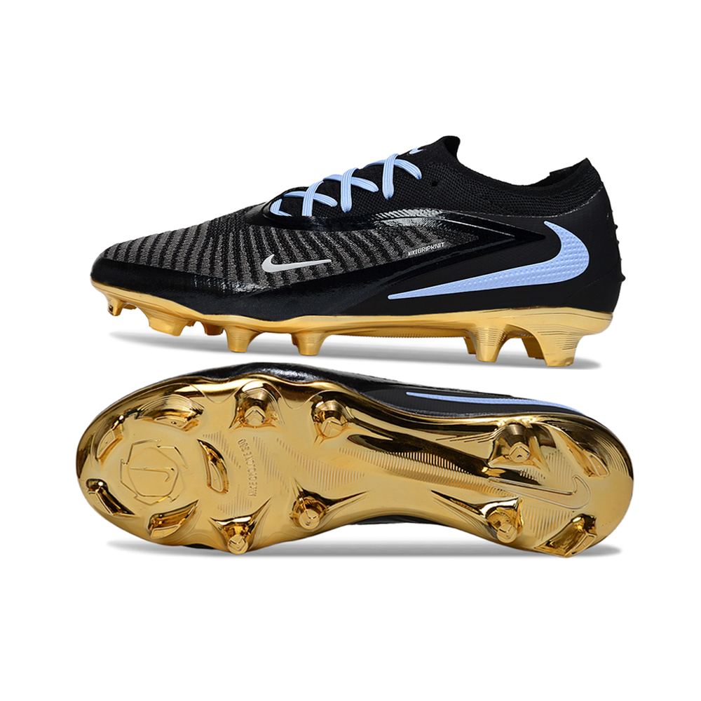 Chuteira Campo Nike Phantom GX 3 Elite FG Preto, Azul e Dourado