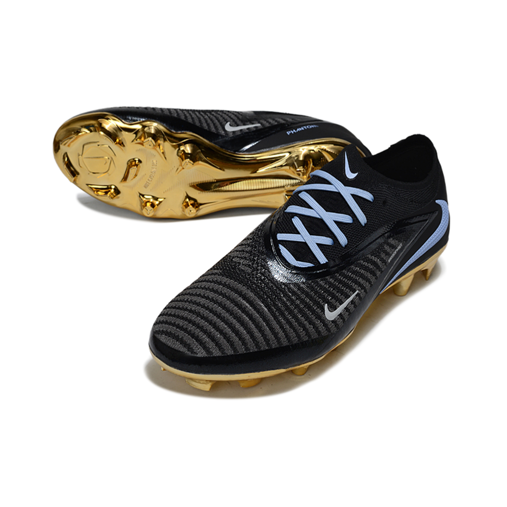 Chuteira Campo Nike Phantom GX 3 Elite FG Preto, Azul e Dourado