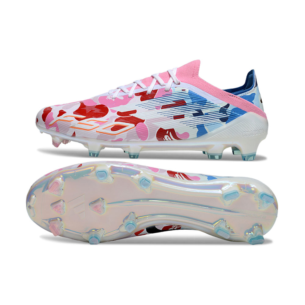 Chuteira Campo Adidas F50 FG Branca, Azul e Colorida "BAPE"