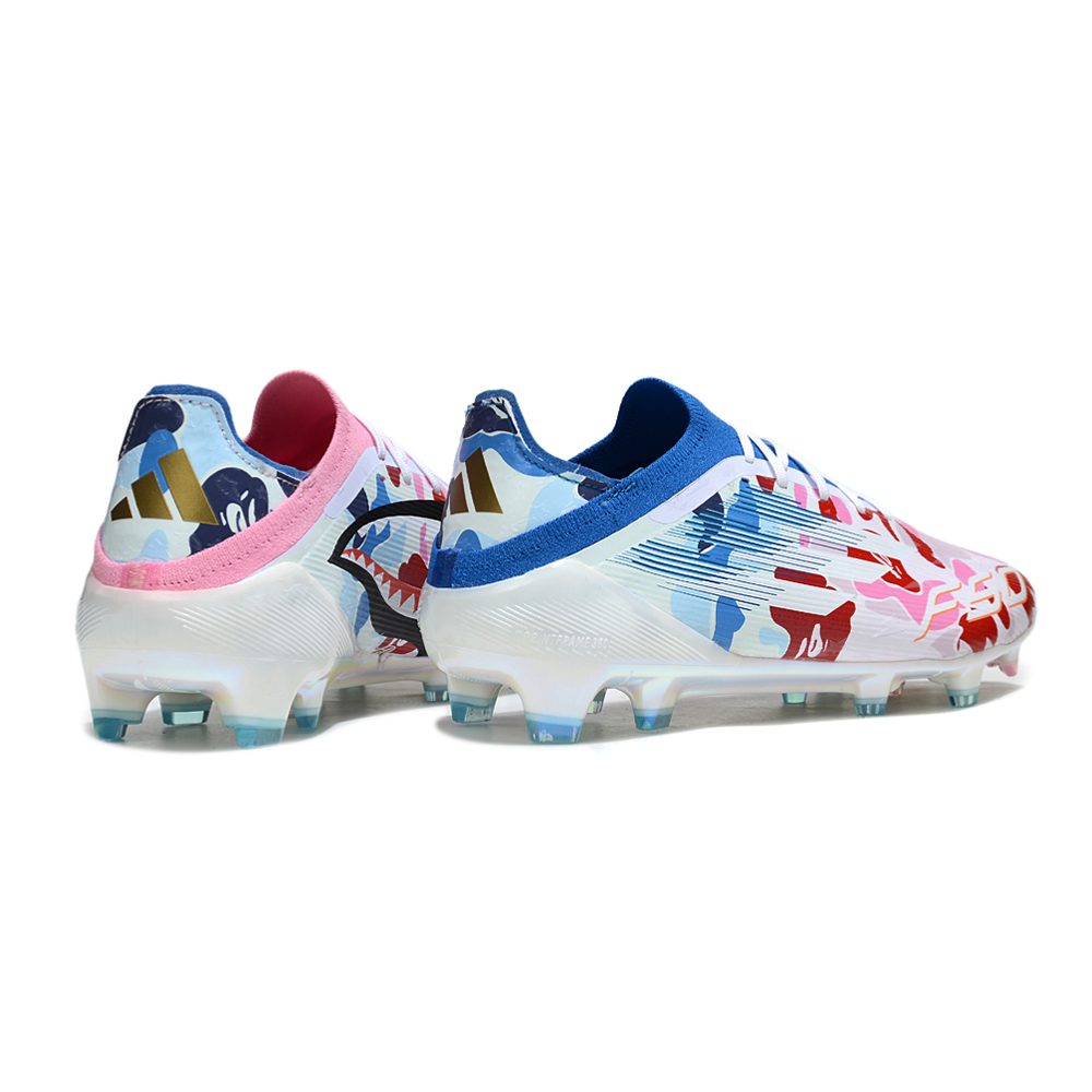 Chuteira Campo Adidas F50 FG Branca, Azul e Colorida "BAPE"