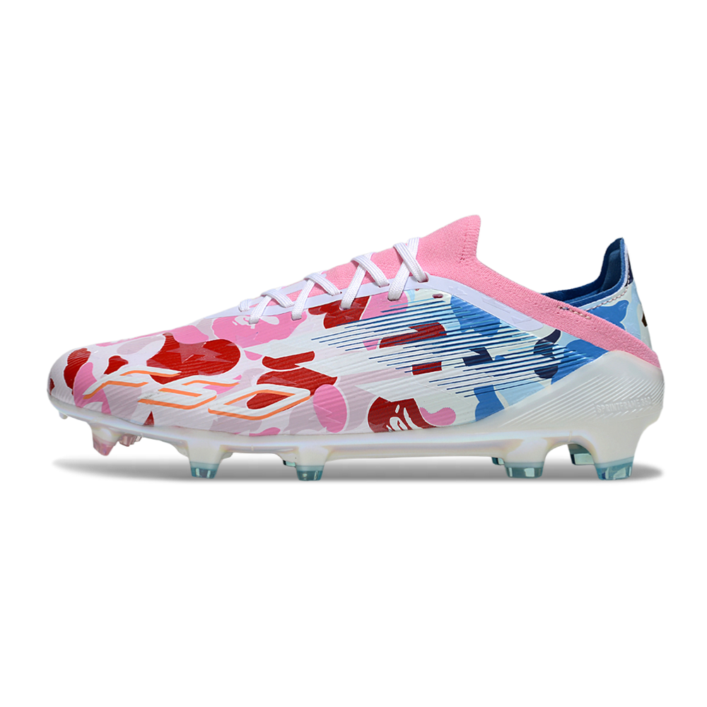 Chuteira Campo Adidas F50 FG Branca, Azul e Colorida "BAPE"