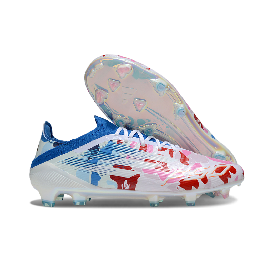Chuteira Campo Adidas F50 FG Branca, Azul e Colorida "BAPE"