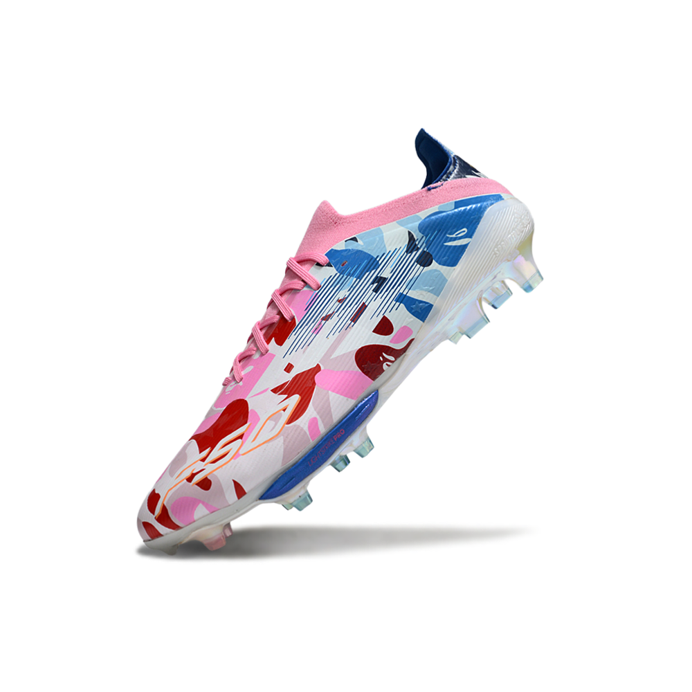 Chuteira Campo Adidas F50+ FG Branca, Azul e Colorida "BAPE"