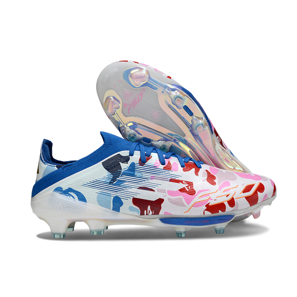 Chuteira Campo Adidas F50+ FG Branca, Azul e Colorida "BAPE"