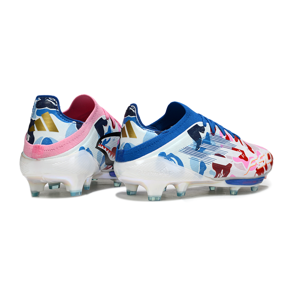 Chuteira Campo Adidas F50+ FG Branca, Azul e Colorida "BAPE"
