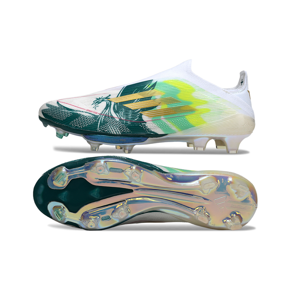Chuteira Campo Adidas F50+ FG Branca e Verde "Salah"