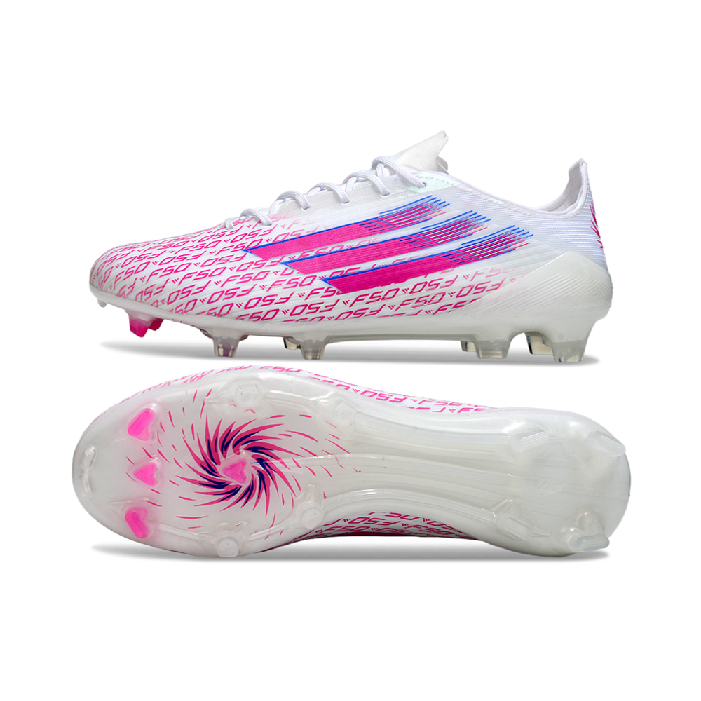 Chuteira Campo Adidas F50+ FG Branco com Rosa "Sparkfusion"