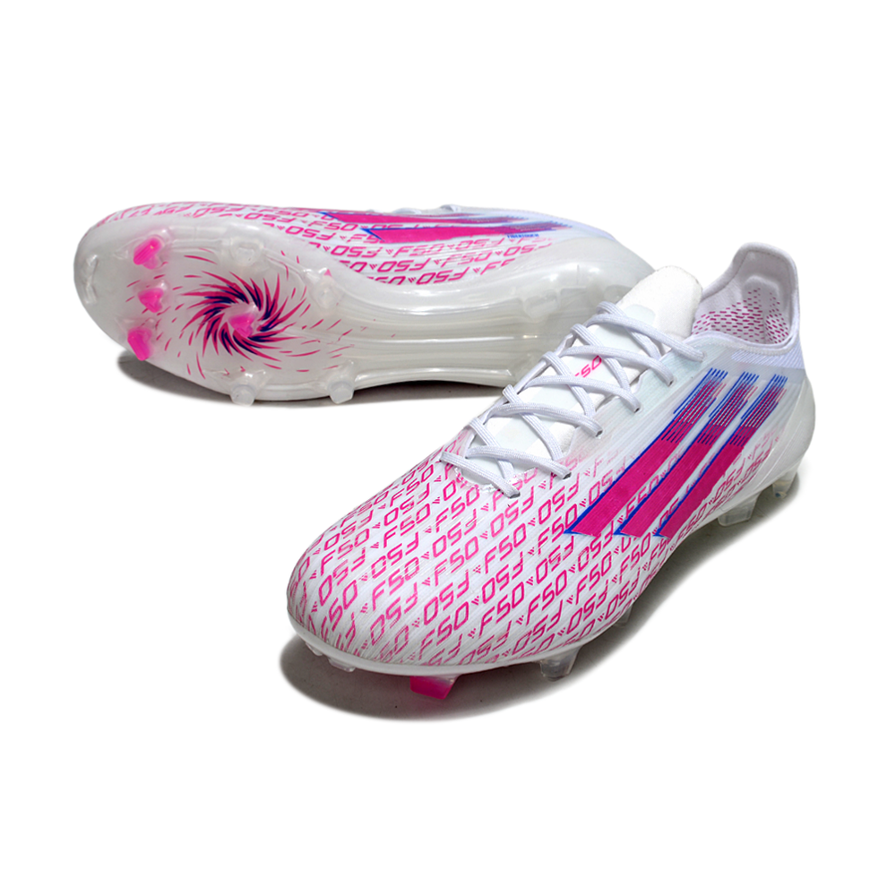 Chuteira Campo Adidas F50+ FG Branco com Rosa "Sparkfusion"
