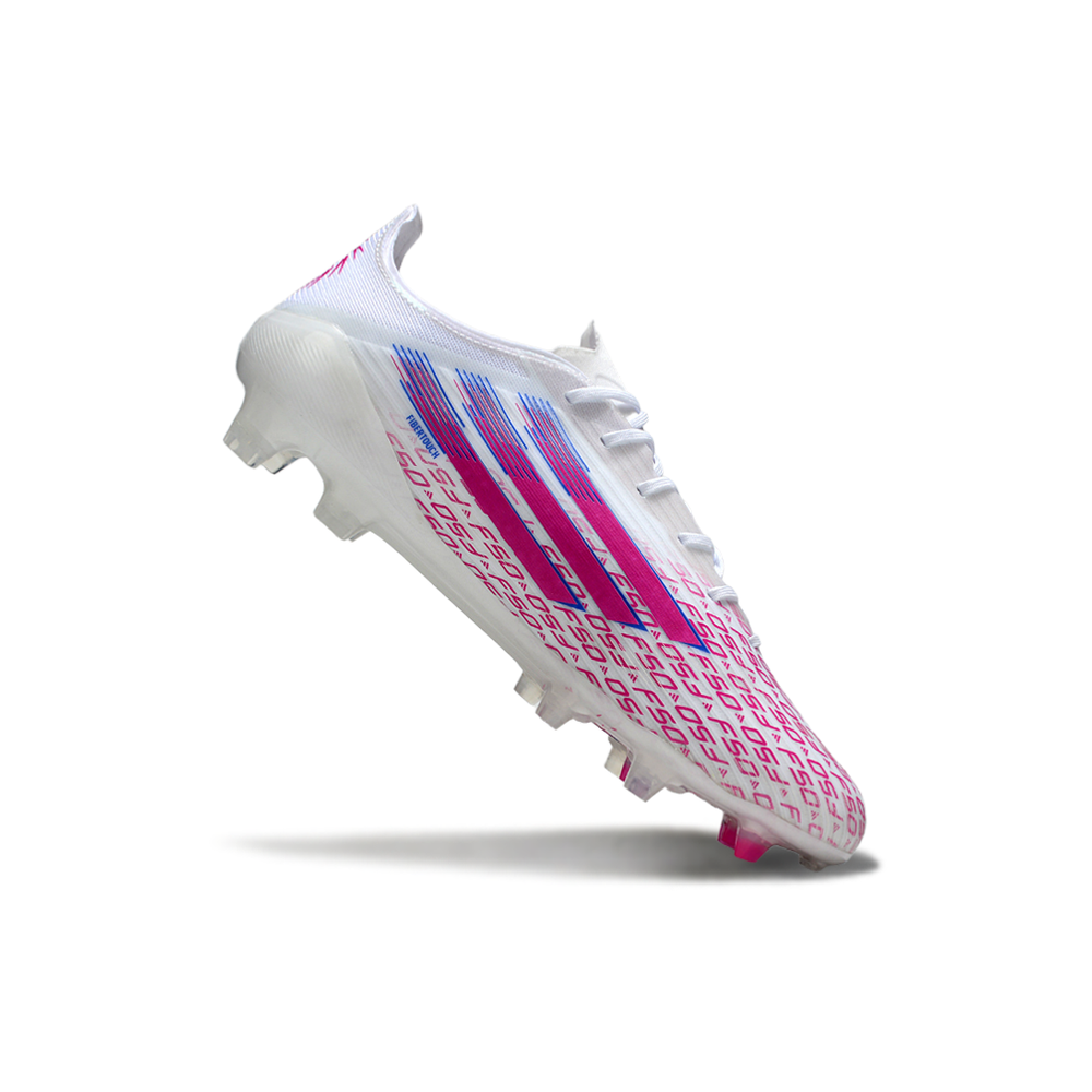 Chuteira Campo Adidas F50+ FG Branco com Rosa "Sparkfusion"