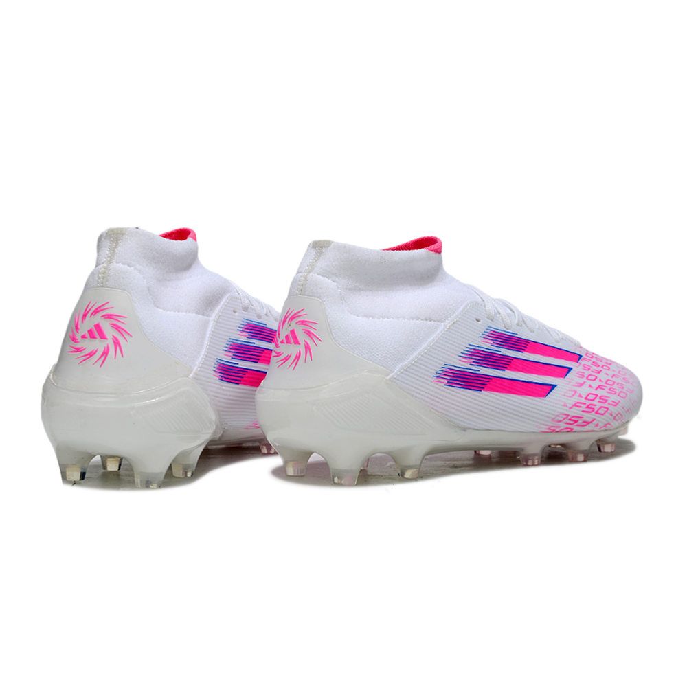 Chuteira Campo Adidas F50 Cano Médio FG Branca e Rosa "Sparkfusion"