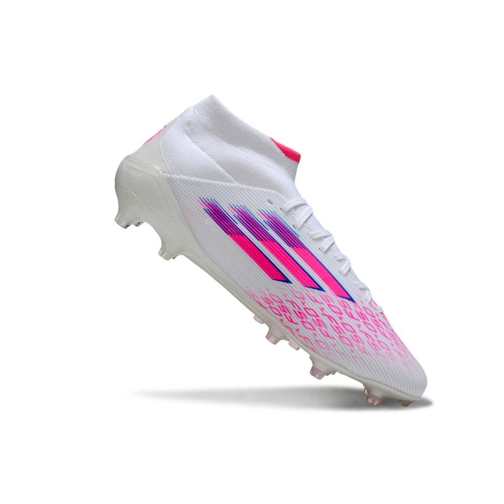 Chuteira Campo Adidas F50 Cano Médio FG Branca e Rosa "Sparkfusion"