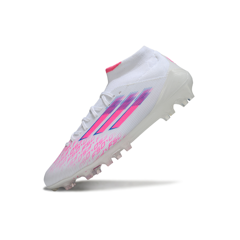 Chuteira Campo Adidas F50 Cano Médio FG Branca e Rosa "Sparkfusion"