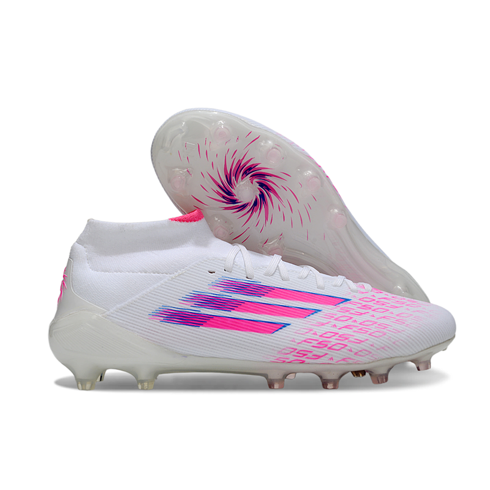 Chuteira Campo Adidas F50 Cano Médio FG Branca e Rosa "Sparkfusion"