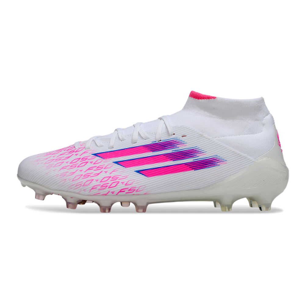Chuteira Campo Adidas F50 Cano Médio FG Branca e Rosa "Sparkfusion"