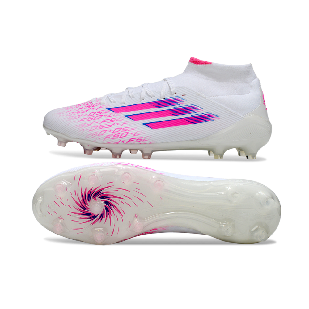 Chuteira Campo Adidas F50 Cano Médio FG Branca e Rosa "Sparkfusion"